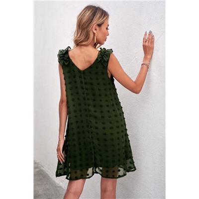Зеленое мини-платье в горошек с V-образным вырезом и оборками