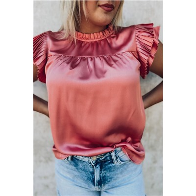 Pink Satin Fringed Ruffle Sleeve Mock Neck Blouse