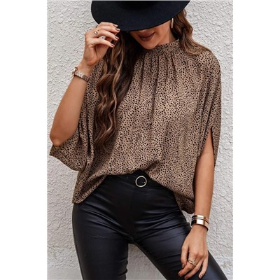 Oversized Leopard Ruched Batwing Sleeve Blouse