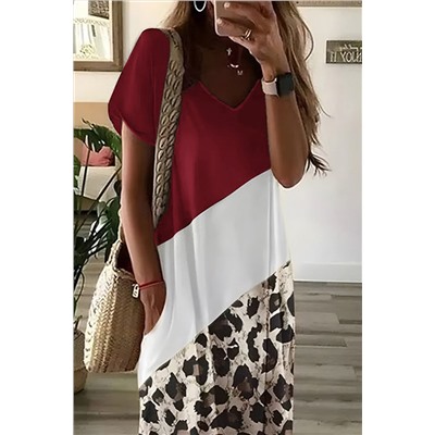 Бордовое леопардовое платье-футболка в стиле колорблок