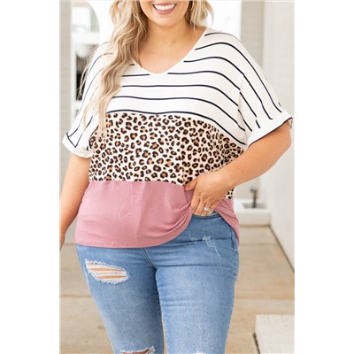 Striped Leopard Color Block Plus Size T-Shirt