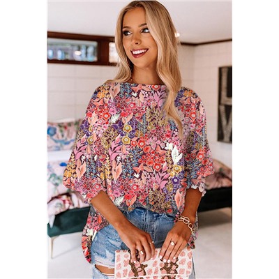 Multicolor Floral Print Shirred 3/4 Sleeve Tunic Blouse