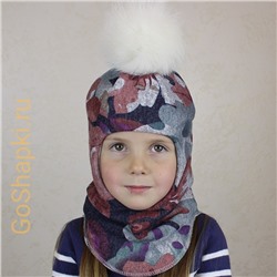 Шлем зимний утепленный из вязаного полотна с хлопковой подкладкой и помпоном "Цветы"