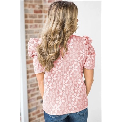 Pink Floral Lace Ruched Bubble Sleeve Top