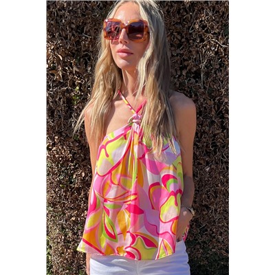 Pink Abstract Floral Print Knotted Halter Tank Top