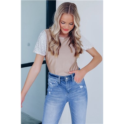 Khaki Round Neck Sequin Sleeve T Shirt