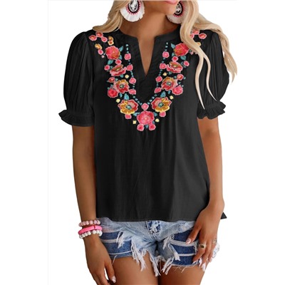 Black Floral Embroidered Ruffled Puff Sleeve Blouse