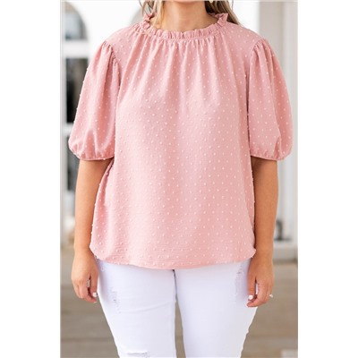 Pink Plus Size Swiss Dot Puff Sleeves Top