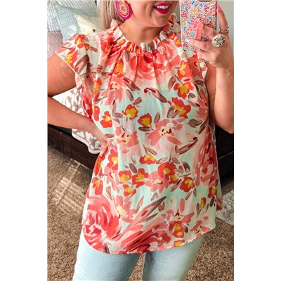 Red Plus Size Watercolor Floral Print Frill Neck Blouse