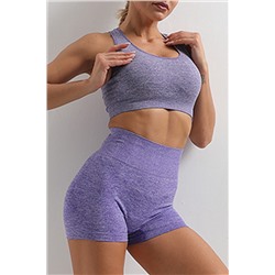 Purple Seamless Short Sleeve Crop Top Yoga Shorts Set