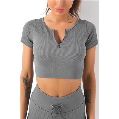 Gray Zipped Notch Short Sleeve Ribbed Yoga Top