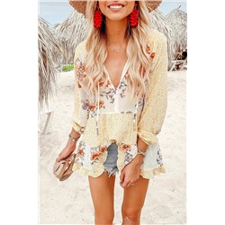 Yellow Floral Print V Neck Ruffled Blouse
