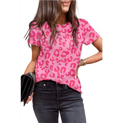 Розовая леопардовая футболка прямого кроя с круглым вырезом