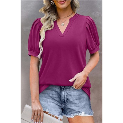 Purple Solid Color Pleated Puff Short Sleeve Top