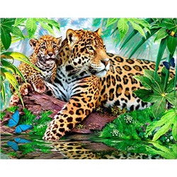 Алмазная мозаика 40х50, круглые стразы QA 201424 Леопард с котенком