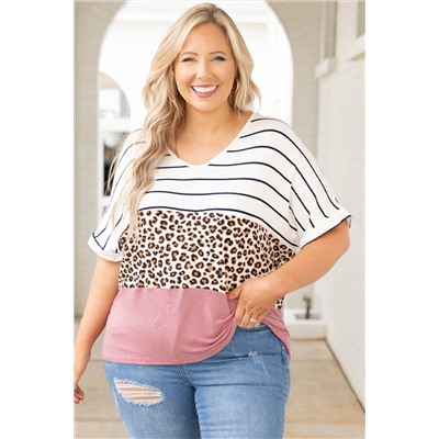 Striped Leopard Color Block Plus Size T-Shirt