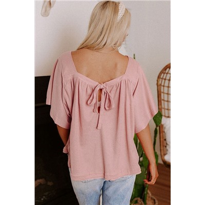 Розовая блуза из рубчатого трикотажа с открытой спиной и завязками