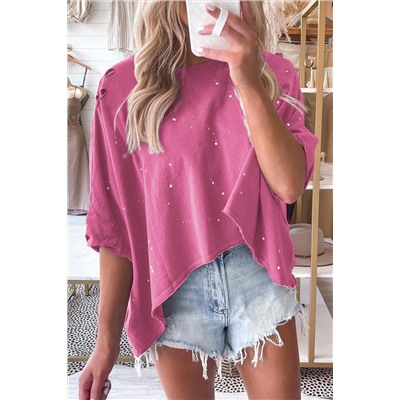 Pink Distressed Bleached Asymmetric Hem Short Sleeve Top