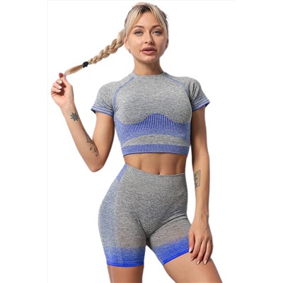 Sky Blue Striped Gradient Color Print Cropped High Waist Sports Wear