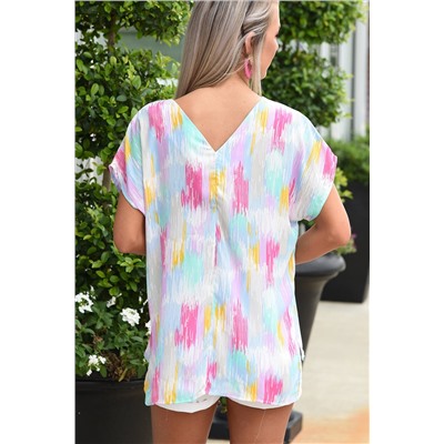 Multicolor Abstract Print V Neck Dolman Blouse