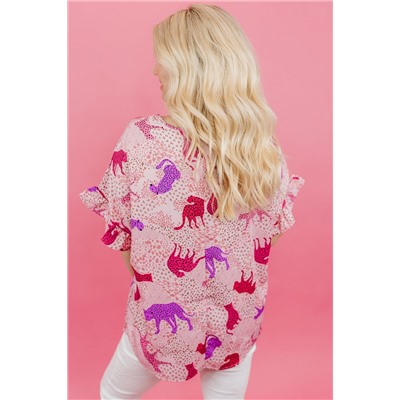 Pink Plus Size Jaguar Print Ruffled Short Sleeves Top