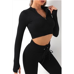 Black Half Zipper Long Sleeve Cropped Yoga Top
