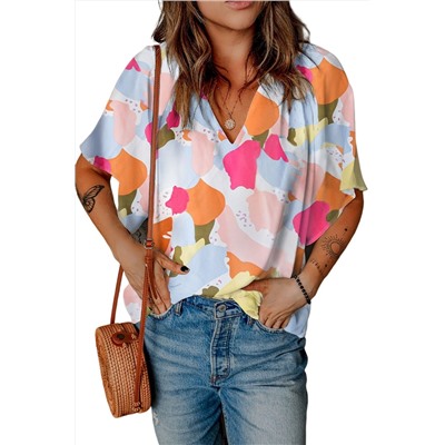 Multicolor Floral Print V Neck Half Sleeve Blouse