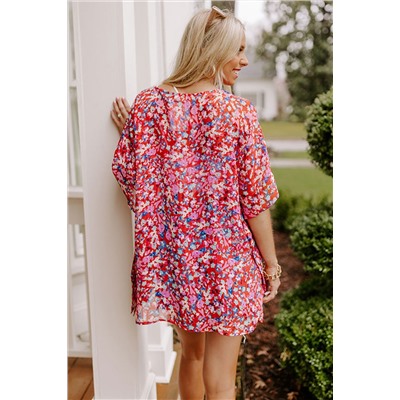 Red Abstract Floral Print Oversize Tunic Top