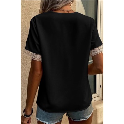 Black Lace Trim V Neck Short Sleeve Blouse