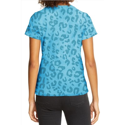 Sky Blue Leopard Print Crew Neck Short Sleeve T Shirt