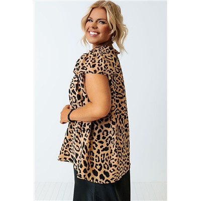 Plus Size Leopard Ruffle Short Sleeve High Neck Blouse