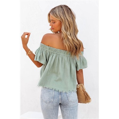 Green Off Shoulder Textured Ruched Ruffle Blouse