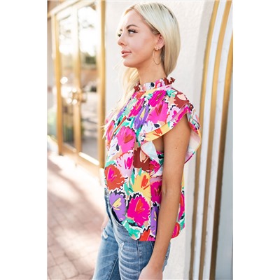 Multicolor Abstract Floral Print Frilled Neck Pleated Blouse