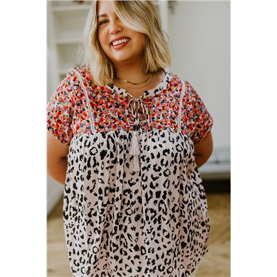 Plus Size Boho Leopard Print Short Sleeve Blouse