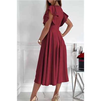 Бордовое платье-миди с рукавом-воланом и глубоким V-образным вырезом
